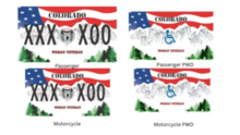 U.S. Women Veterans License Plates for passenger vehicles and motorcycles. The top half is a US flag and the bottom has pine trees in each corner of varying shades of green.